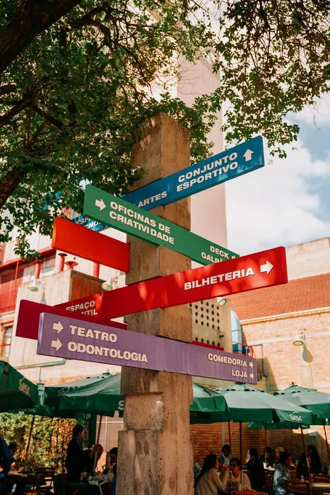 Placas coloridas de sinalização do SESC Pompeia indicando teatro, bilheteria, oficinas e conjunto esportivo, sob as árvores da área de convivência