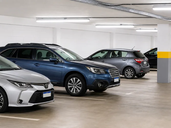 Garagem coberta com vagas demarcadas e carros estacionados entre pilares