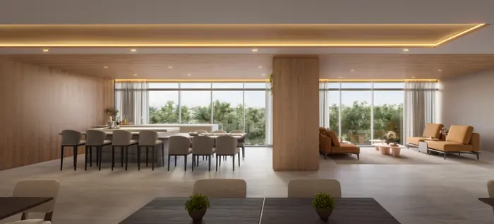 Espaço gourmet revestido de madeira, com ilha e banquetas, mesa de jantar e sala de estar junto às janelas