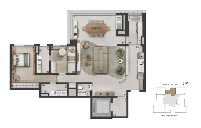 Planta humanizada do apartamento de 121 m² com 2 suítes, em que o living se estende sobre o terceiro dormitório e ganha um segundo estar