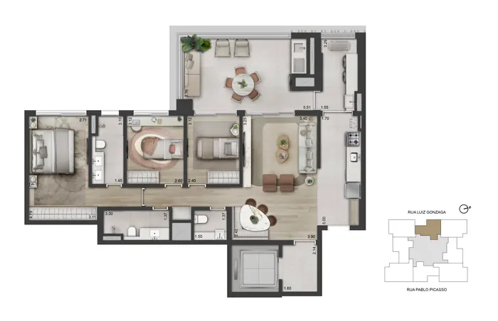 Planta humanizada do apartamento de 121 m² com 3 dormitórios, varanda com mesa de jantar ao alto, living e cozinha à direita e suíte máster à esquerda