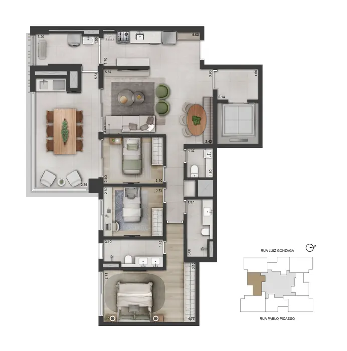 Planta humanizada do apartamento de 122 m² com 3 dormitórios, varanda com mesa comprida à esquerda e os quartos enfileirados ao centro