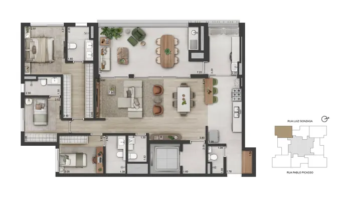 Planta humanizada do apartamento de 148 m² com 3 suítes, em que o living se estende sobre o quarto dormitório