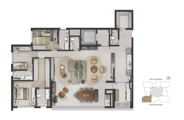 Planta humanizada do apartamento de 175 m² com 3 suítes, em que o living ocupa toda a faixa central e ganha um segundo estar