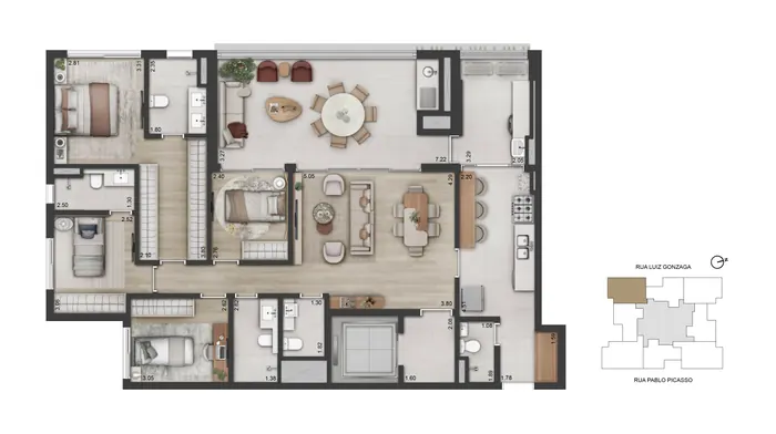 Planta humanizada do apartamento de 148 m² com 4 dormitórios, living em fita ao centro e varanda corrida ao alto