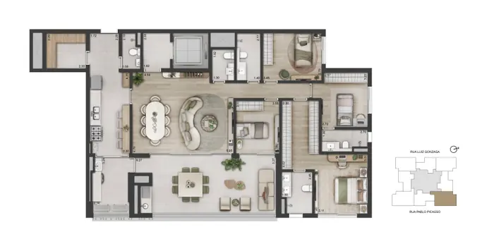 Planta humanizada do apartamento de 175 m² com 4 dormitórios, living ampliado ao centro e varanda corrida na face inferior