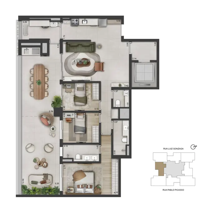 Planta humanizada do apartamento garden de 145 m² com 3 dormitórios, com terraço corrido de doze metros ao longo de toda a face esquerda